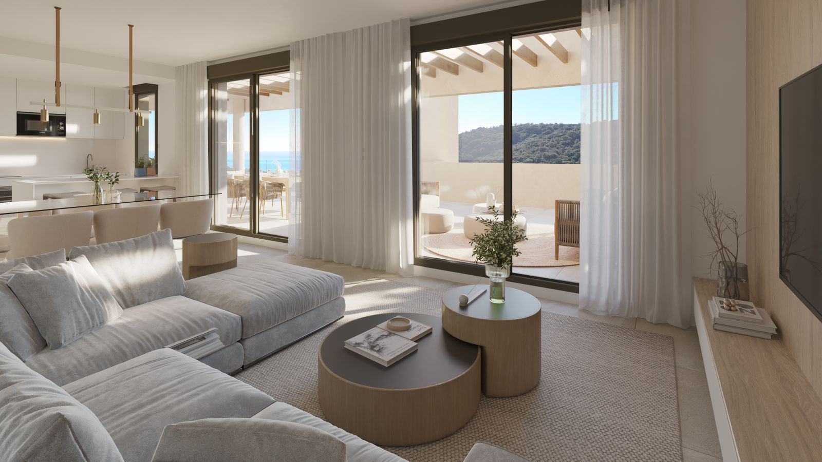 Moderne woonkamer in appartement met uitzicht op terras en zee.