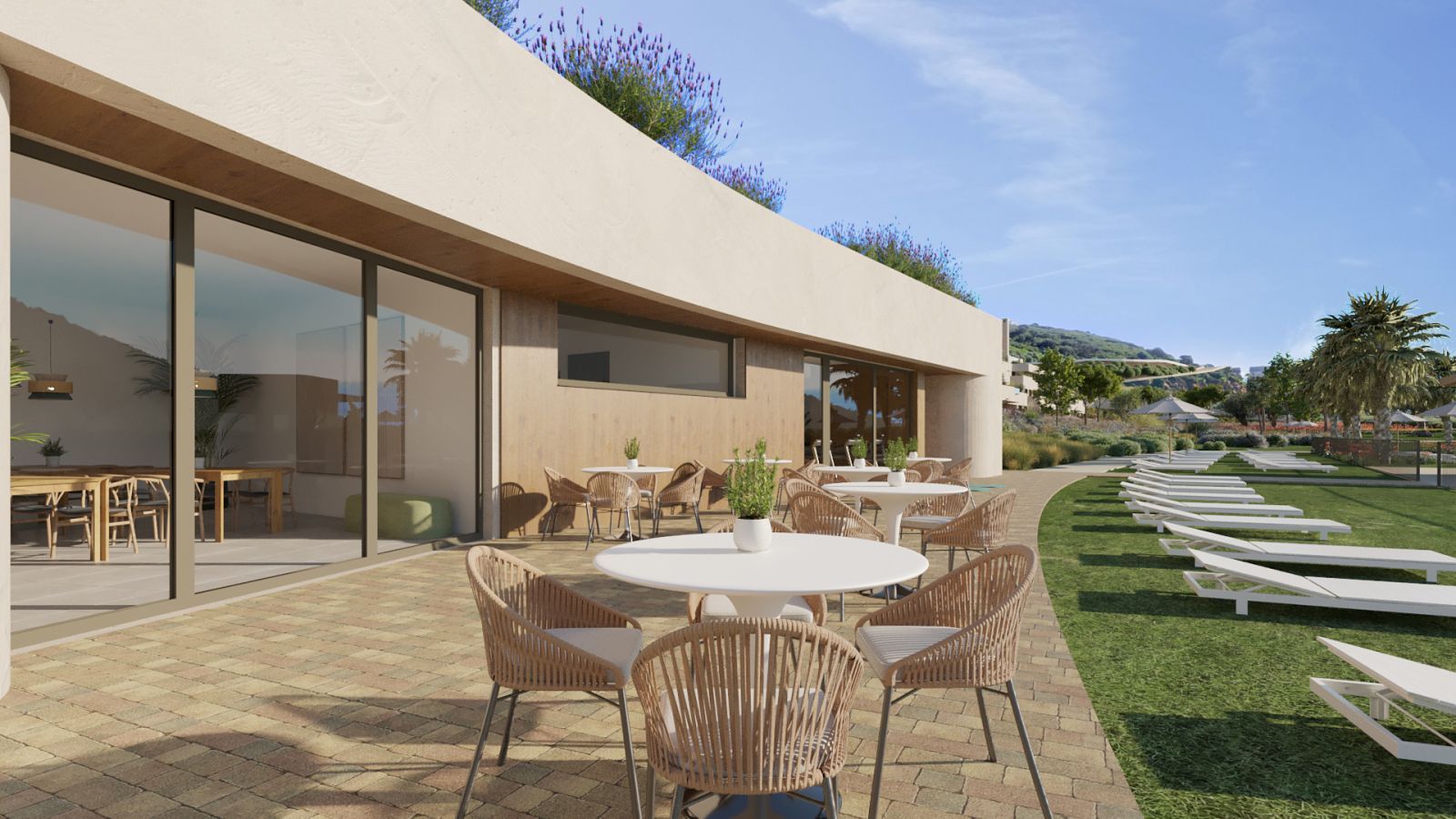 Buiteneethoek met zwembadzicht bij Atria