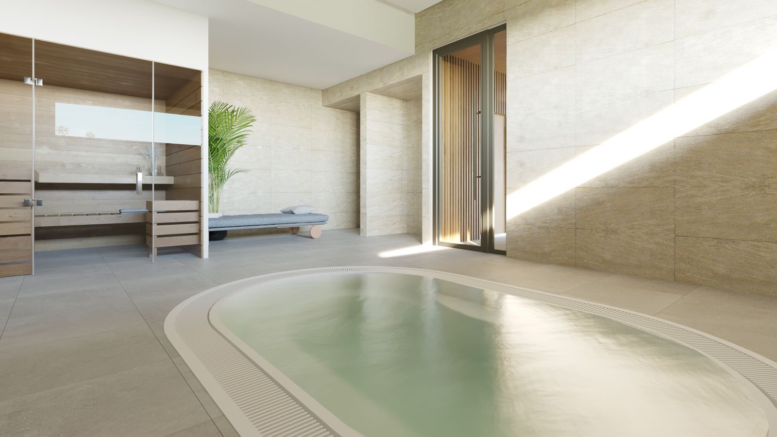 Moderne spa met sauna en ontspanningsruimte.